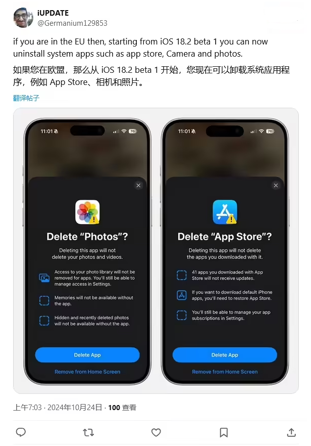 天坛街道苹果手机维修分享iOS 18.2 支持删除 App Store 应用商店 