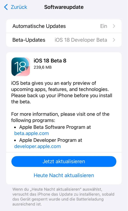 天坛街道苹果手机维修分享苹果 iOS / iPadOS 18 开发者预览版 Beta 8 发布 